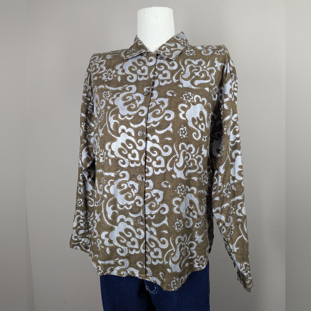 Vintage Esprit Shiny Print Blouse – Long Sleeve Button Down – Size Medium